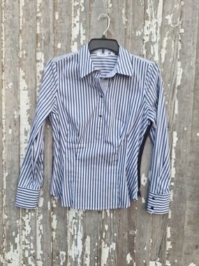 Per Se Blue and White Striped Button-Up Blouse Size 12